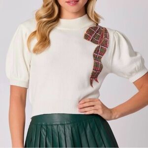 SEQUIN HOLIDAY PLAID BOW SWEATER